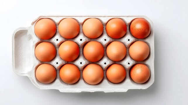 Fifteen raw whole brown eggs with subtle speckles are displayed in a light gray paper egg carton on a seamless white surface offering a versatile visual for food cooking and agricultural themes