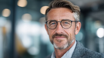 confident middleaged businessman with glasses smiling in modern office setting showcasing professionalism and success in corporate environment
