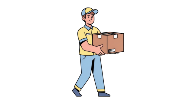 Delivery person walking with a cardboard box ready to deliver the package.