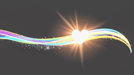 Glowing white heart with vibrant rainbow light streak and sparkling particles on dark background - Powered by Adobe