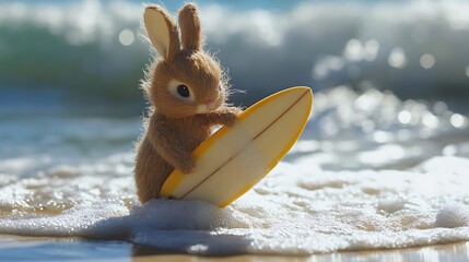 A fluffy stuffed rabbit holding a tiny surfboard ready to ride a wave