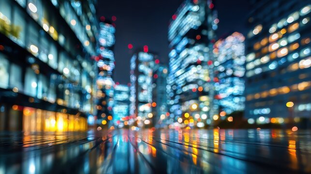 abstract corporate scene visualizing business transformation in a modern urban environment with blurred lights and reflections at night