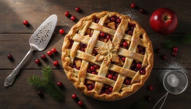 Festive apple cranberry lattice pie on rustic wooden table
- Powered by Adobe