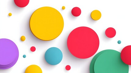 A dynamic composition featuring a variety of vibrant overlapping circles in different colors and sizes casting soft shadows on a clean white backdrop conveying modern design