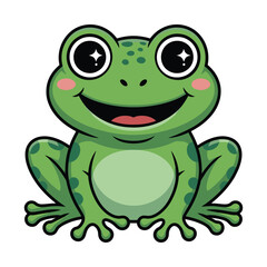 A cheerful green frog with big, sparkling eyes sits smiling, isolated on, a delightful cartoon illustration for childrens books and educational materials