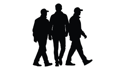 Three men walking silhouette isolated on white background, Vector