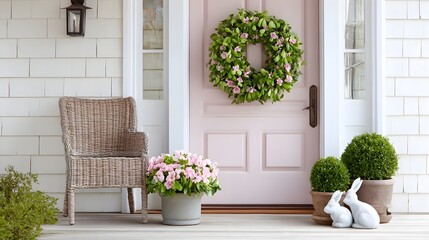 Fototapeta premium A welcoming spring scene on a residential front porch featuring a soft pink door adorned with a lush green wreath accompanied by a woven chair potted flowers and decorative white bunnies