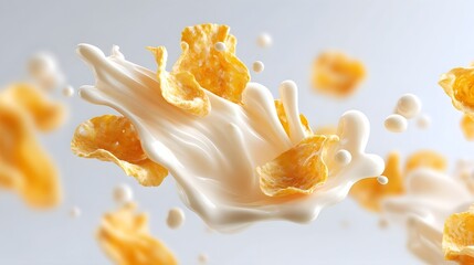 Dynamic motion of crispy golden corn flakes breaking the surface of swirling white milk captured mid splash with delicate droplets floating illustrating a fresh and energetic breakfast moment