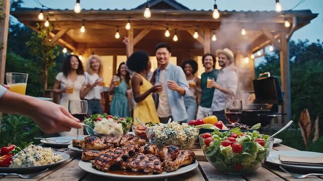 A diverse group of friends celebrates at an evening backyard barbecue with a wooden table full of grilled chicken and salads in the foreground - Powered by Adobe