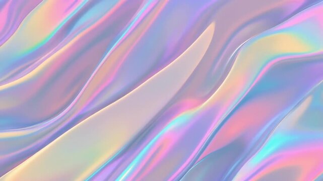 Seamless looping iridescent gradient animation with shifting pastel highlights, soft holographic waves, smooth flowing color transitions, premium abstract background for modern graphic resources