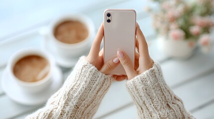 A person s hands dressed in a soft knit sweater hold a pastel smartphone to photograph two cups of coffee and a vase of delicate pink flowers creating a warm and inviting domestic scene