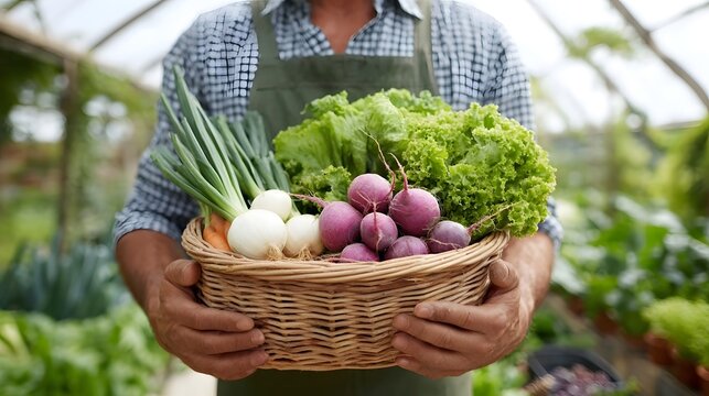 Farmer in an apron showcases a bountiful harvest of fresh organic vegetables like crisp lettuce vibrant radishes and green onions gathered from a greenhouse - Powered by Adobe