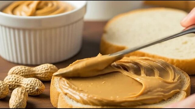 Spreading creamy peanut butter on white bread, a tasty breakfast treat