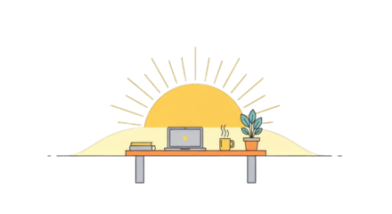 Desk with laptop and coffee in front of sunrise.