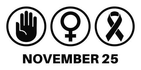 November 25 Awareness Icons,  stop hand, female symbol, ribbon emblem, violence prevention graphics, Stop Violence Set, hand icon, gender sign, ribbon badge for women protection