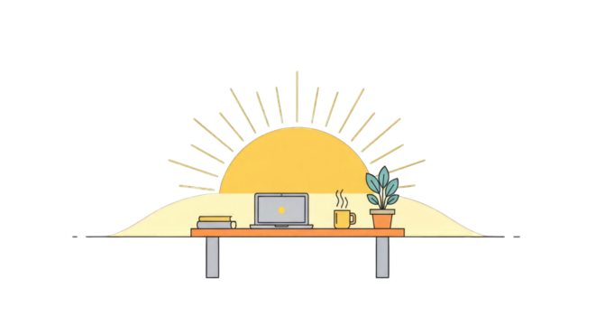 Desk with laptop and coffee in front of sunrise.