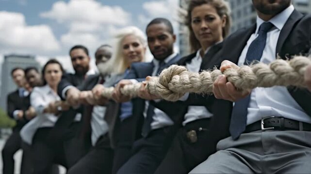 A diverse team of business professionals in suits pulls on a thick rope in a tug-of-war competition outdoors