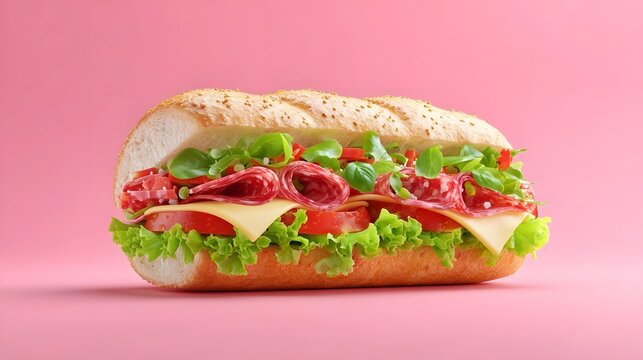 A generously filled submarine sandwich showcasing layers of sliced salami yellow cheese red tomato slices crisp green lettuce and fresh herbs on a sesame seeded roll
