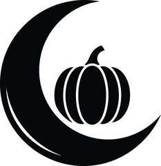 Black silhouette of a crescent moon embracing a pumpkin
