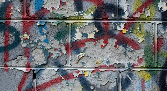 Weathered cinder block wall with peeling paint and colorful urban graffiti texture background