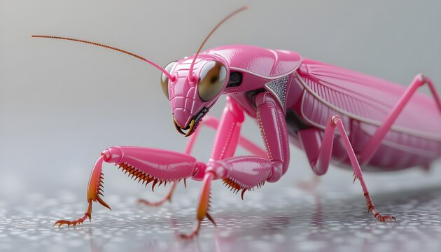 A realistic, robotic version of a pink empusa mantis with sophisticated pink and silver body and stunning shape evoking a future technology.