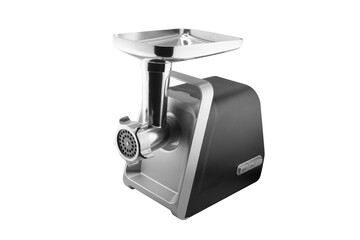 Electric meat grinder. Stainless steel meat grinder isolated on a white background. Preparation of minced meat.