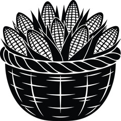 Basket of corn cobs with leaves in woodcut style