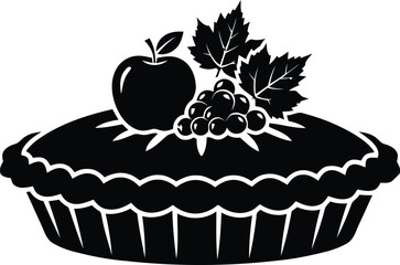 Black and white silhouette of a delicious apple pie with garnish