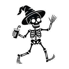 A whimsical skeleton in a witch hat joyfully strides forward, clutching a beverage, isolated on a playful halloween or gothicthemed design element