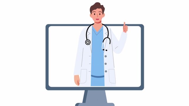 Male Doctor Providing Online Medical Consultation via Computer Screen.