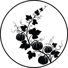 Black silhouette of a pumpkin vine with gourds in a circle