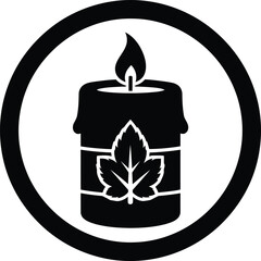 Black silhouette of a lit candle with a leaf design inside a circle