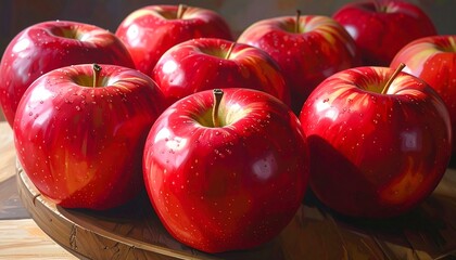 A Collection of Ripe Red Apples in a Wooden Bowl.