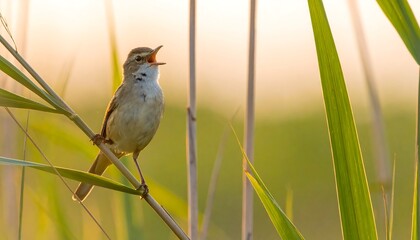 A small bird perched on a reed, singing its heart out in the soft morning light.