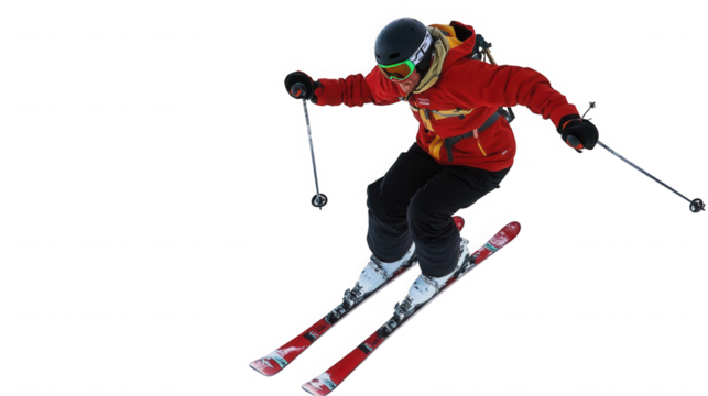 Skier in red jacket skiing down slope against black background on transparent background