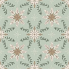 Symmetrical winter seamless pattern with beige and green star shapes &mdash; cozy festive background.