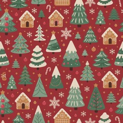 Repeating holiday motif with cozy houses, decorated trees, and winter accents &mdash; perfect for wrapping paper or textiles.
