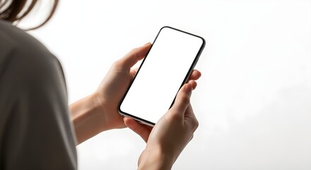 Woman Holding Vertical Smartphone with Blank White Screen for Mobile App Mockup