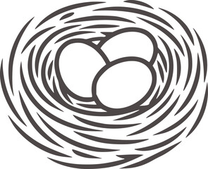 Black and white minimalist line drawing of a bird nest with three eggs