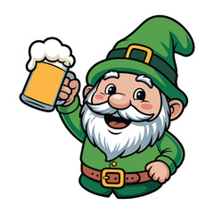 A cheerful gnome holding a beer isolated on, perfect for st patricks day or beerthemed designs, vector illustration