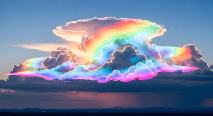 Fototapeta premium Vibrant Rainbow Spectacle Adorns a Majestic Cloud Formation at Sunset, Creating an Ethereal and Dreamlike Panorama of Natural Splendor and Atmospheric Beauty