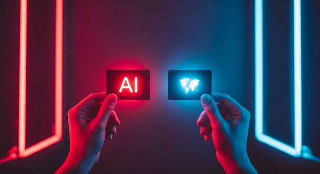 Artificial intelligence and world data with neon lights and human hands - Powered by Adobe