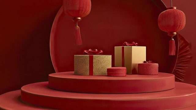 A festive arrangement of red and gold gift boxes on a tiered red platform with hanging paper lanterns against a matching red backdrop