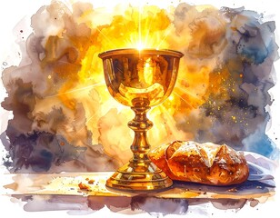 Watercolor depiction of a golden chalice radiating light, with a loaf of bread beside it. Symbolic of reverence & faith