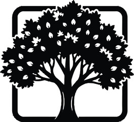 Stylized black and white tree silhouette inside a square frame