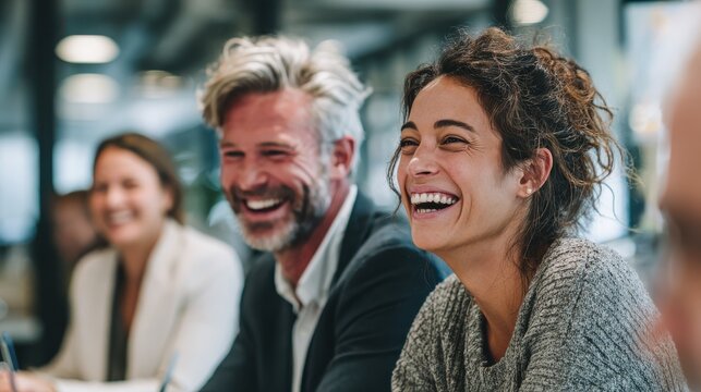 professionals laughing together during a brainstorming session in a modern office business team fun office collaboration laughter corporate team joy workplace camaraderie with