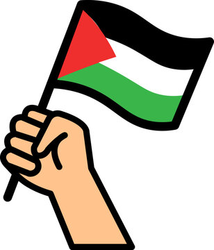 Minimalist Raised Fist Holding Palestine Flag Icon in Bold Flat Outline Design Symbolizing Unity