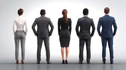 group of five diverse businesspeople standing with their backs to the camera ideal for representing themes of corporate leadership teamwork diversity in the workplace or professional success