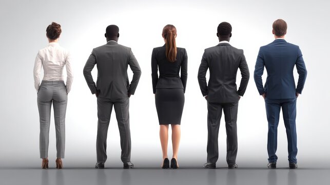 group of five diverse businesspeople standing with their backs to the camera ideal for representing themes of corporate leadership teamwork diversity in the workplace or professional success 