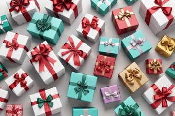 Assorted colorful gift boxes with ribbons scattered on a light background